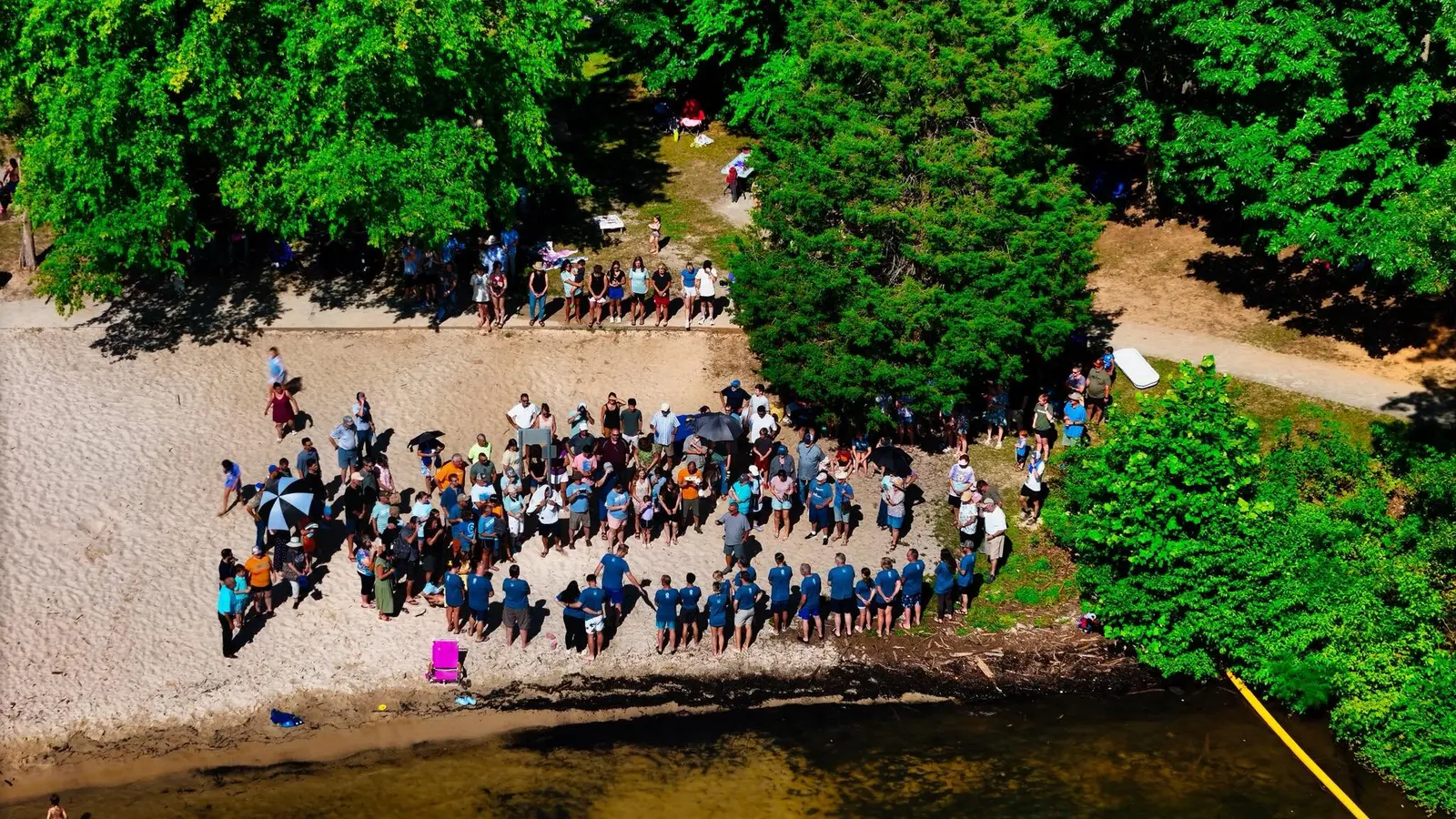 Aerial view of an outdoor community gathering
